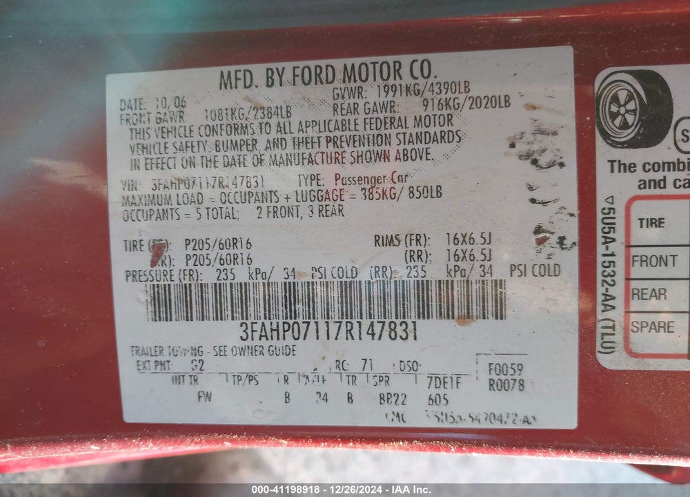 2007 FORD FUSION SE VIN: 3FAHP07117R147831