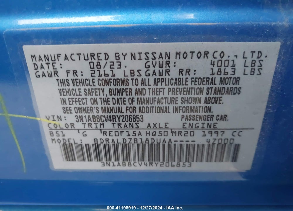 2024 NISSAN SENTRA SV XTRONIC CVT VIN: 3N1AB8CV4RY206853