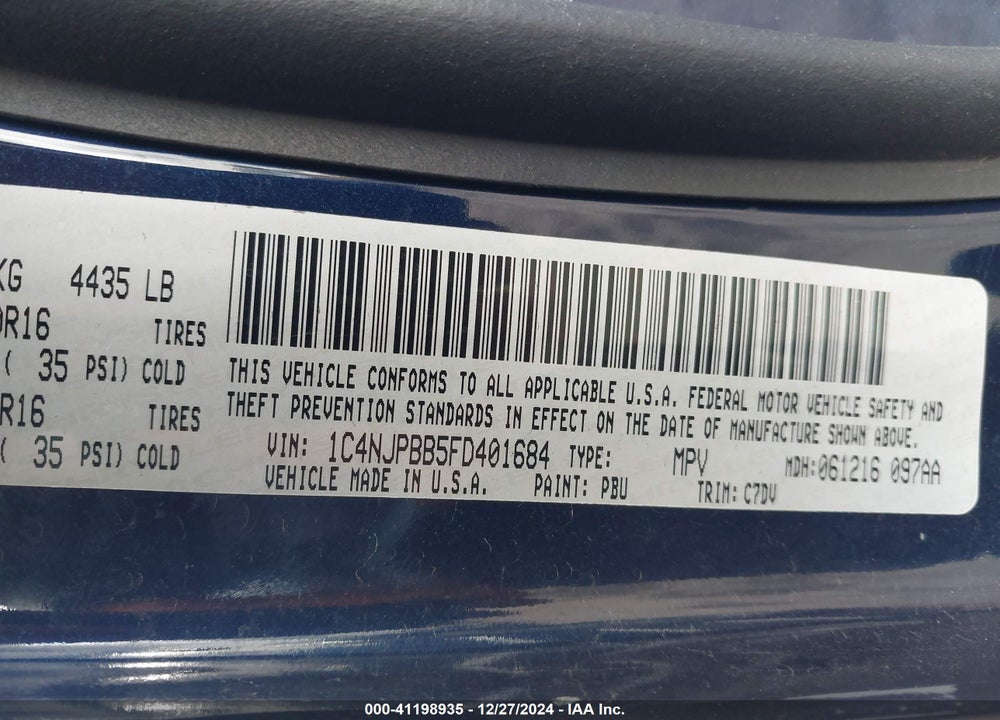 2015 JEEP PATRIOT SPORT VIN: 1C4NJPBB5FD401684