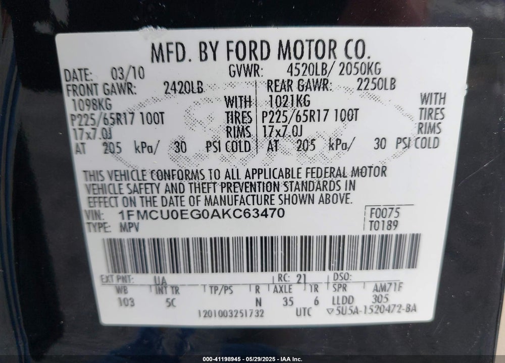 2010 FORD ESCAPE VIN: 1FMCU0EG0AKC63470