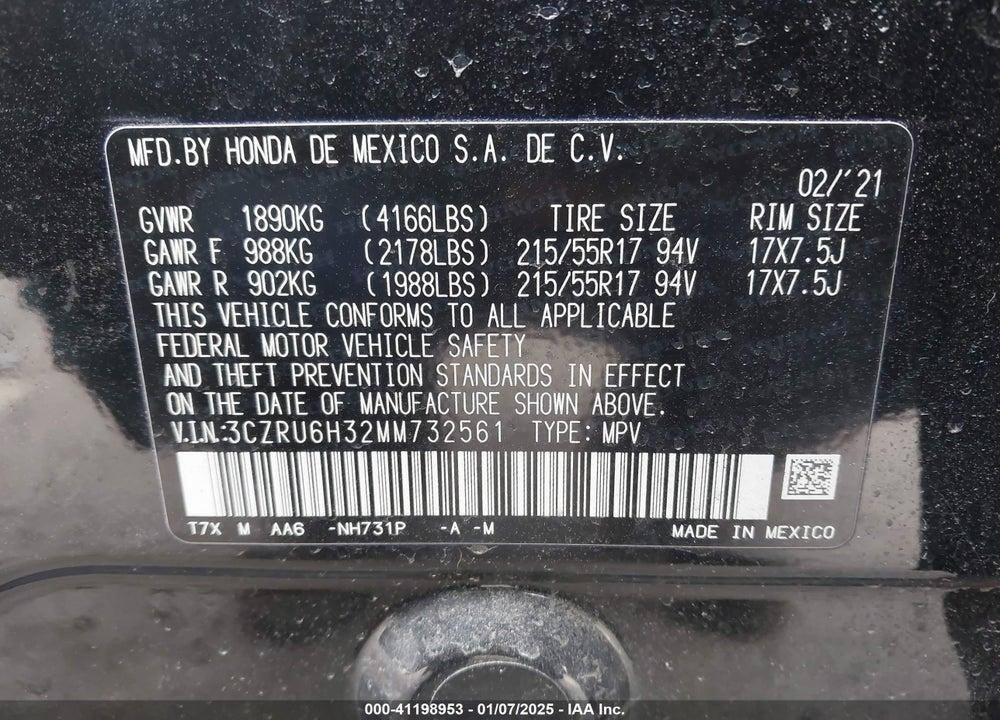 2021 HONDA HR-V VIN: 3CZRU6H32MM732561