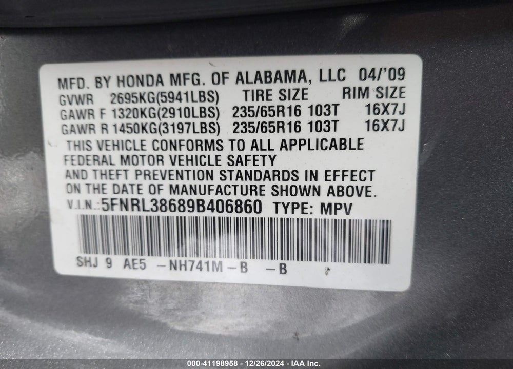 2009 HONDA ODYSSEY EX-L VIN: 5FNRL38689B406860