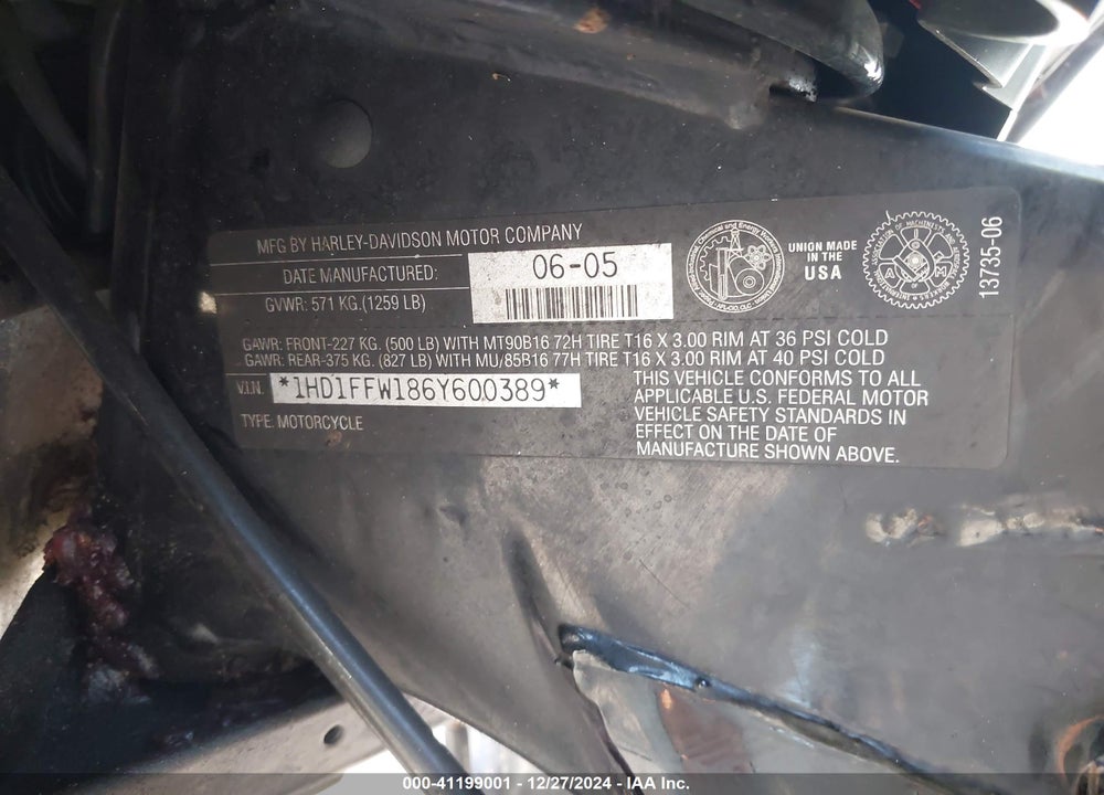 2006 HARLEY-DAVIDSON FLHTCI VIN: 1HD1FFW186Y600389