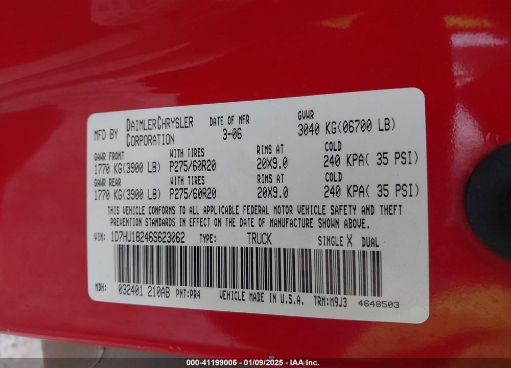 2006 DODGE RAM 1500 SLT/TRX4 OFF ROAD/SPORT VIN: 1D7HU18246S623062