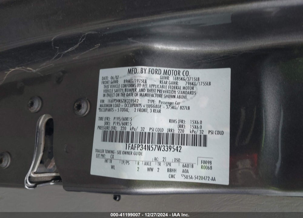 2007 FORD FOCUS S/SE/SES VIN: 1FAFP34N57W339542