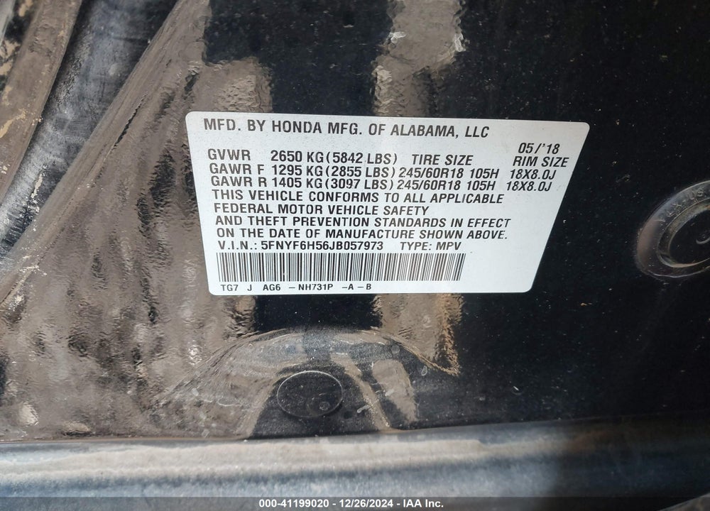 2018 HONDA PILOT EX-L VIN: 5FNYF6H56JB057973