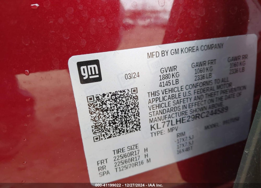 2024 CHEVROLET TRAX FWD LT VIN: KL77LHE29RC244589
