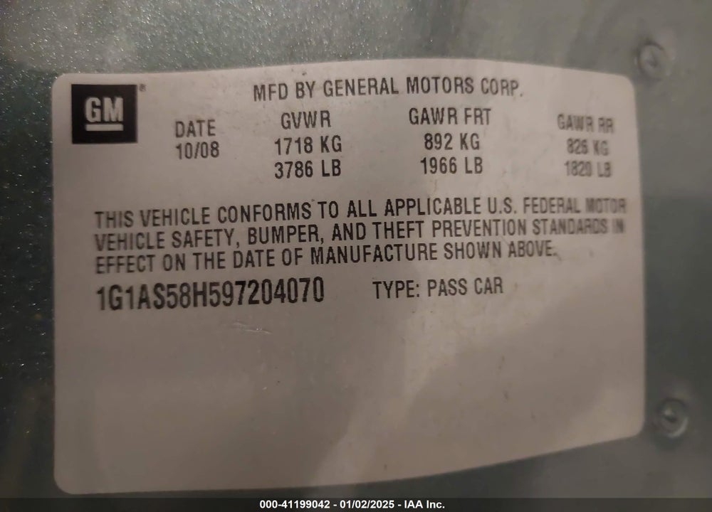 2009 CHEVROLET COBALT LS VIN: 1G1AS58H597204070