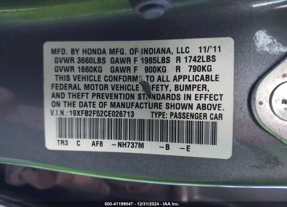 2012 HONDA CIVIC SDN VIN: 19XFB2F52CE026713