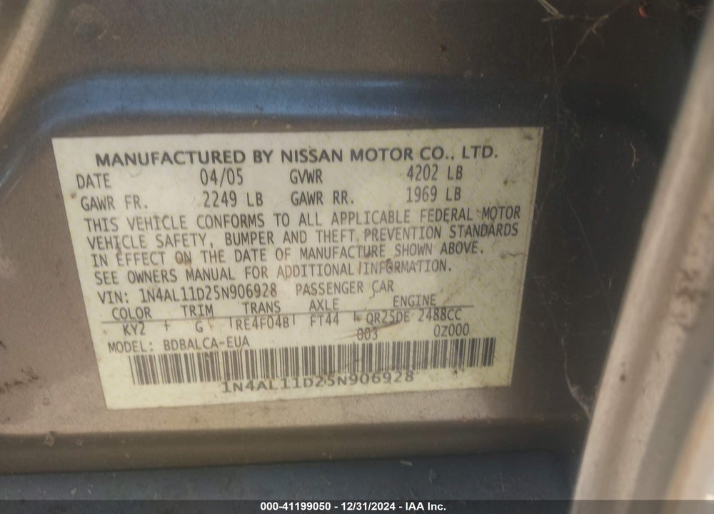 2005 NISSAN ALTIMA 2.5 S VIN: 1N4AL11D25N906928