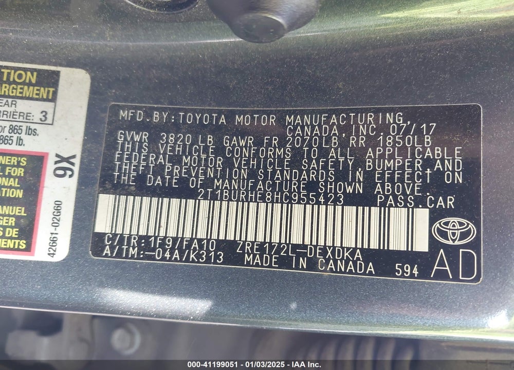 2017 TOYOTA COROLLA VIN: 2T1BURHE8HC955423