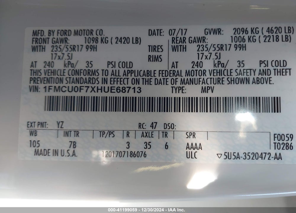 2017 FORD ESCAPE S VIN: 1FMCU0F7XHUE68713