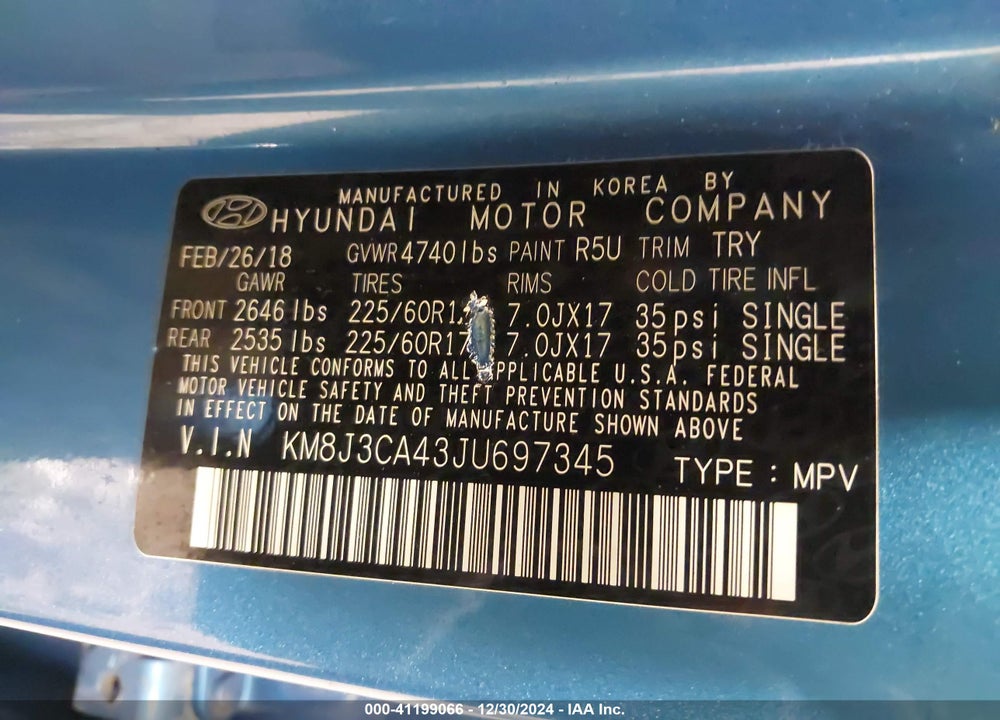 2018 HYUNDAI TUCSON SEL VIN: KM8J3CA43JU697345