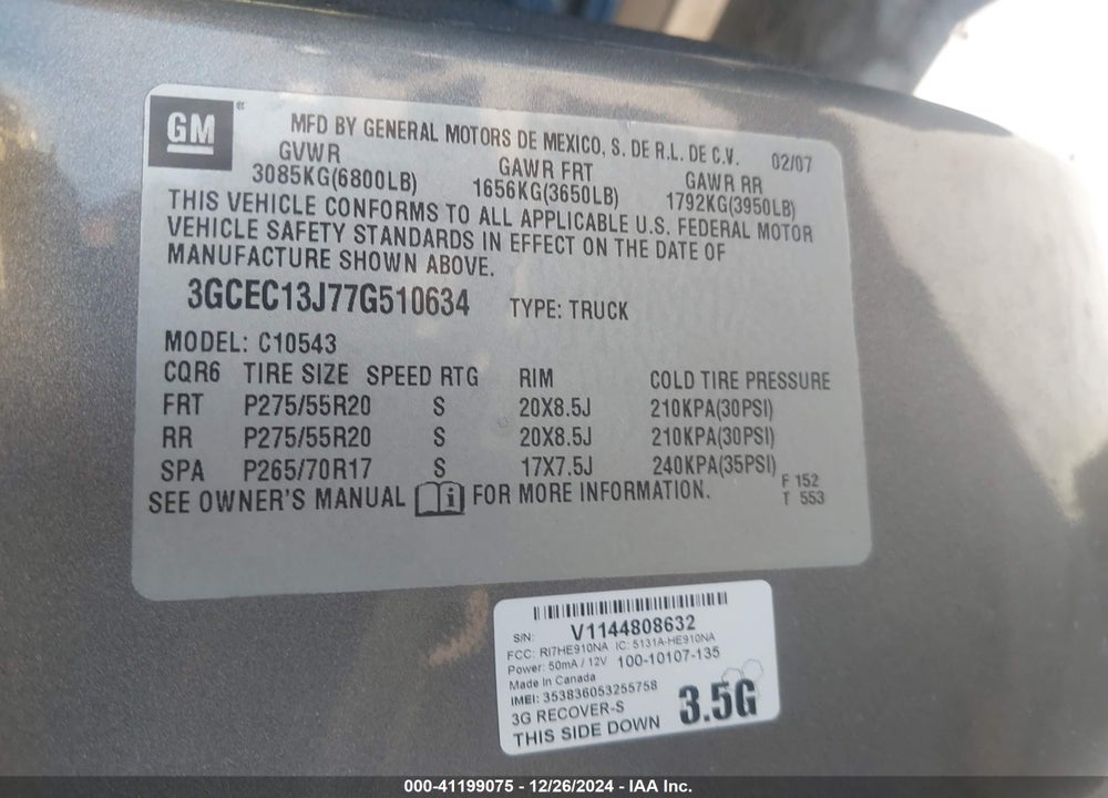 2007 CHEVROLET SILVERADO 1500 VIN: 3GCEC13J77G510634