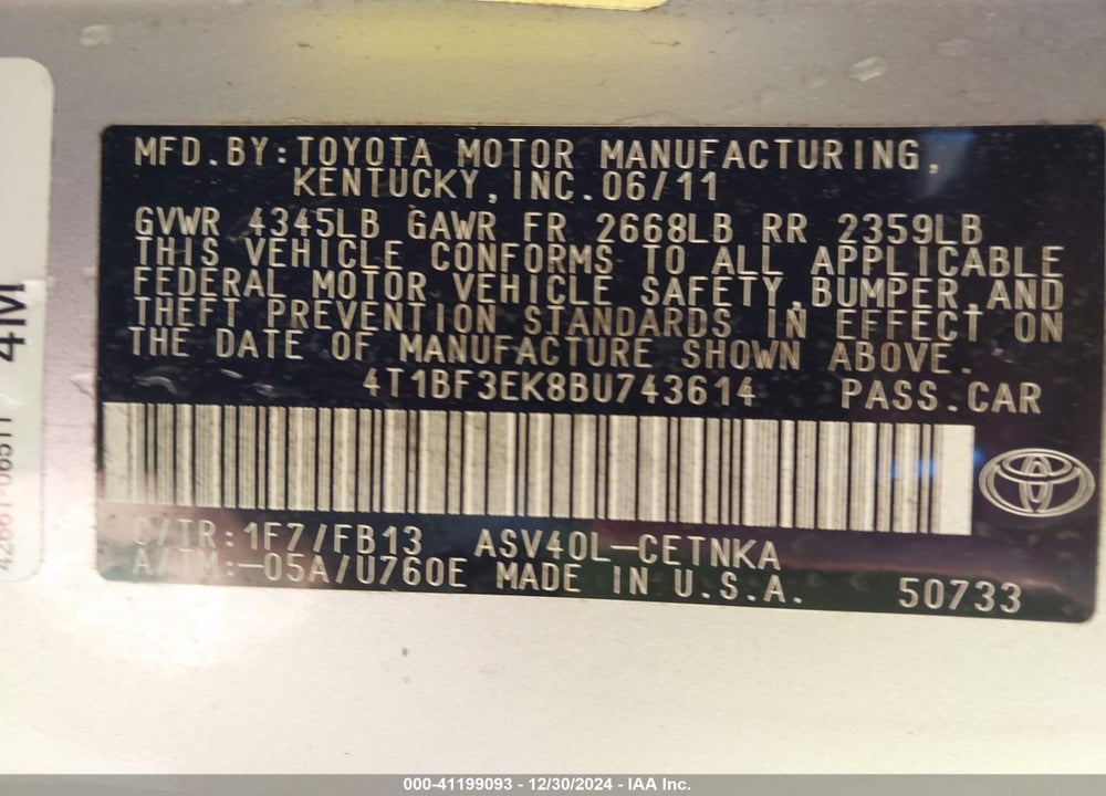 2011 TOYOTA CAMRY VIN: 4T1BF3EK8BU743614