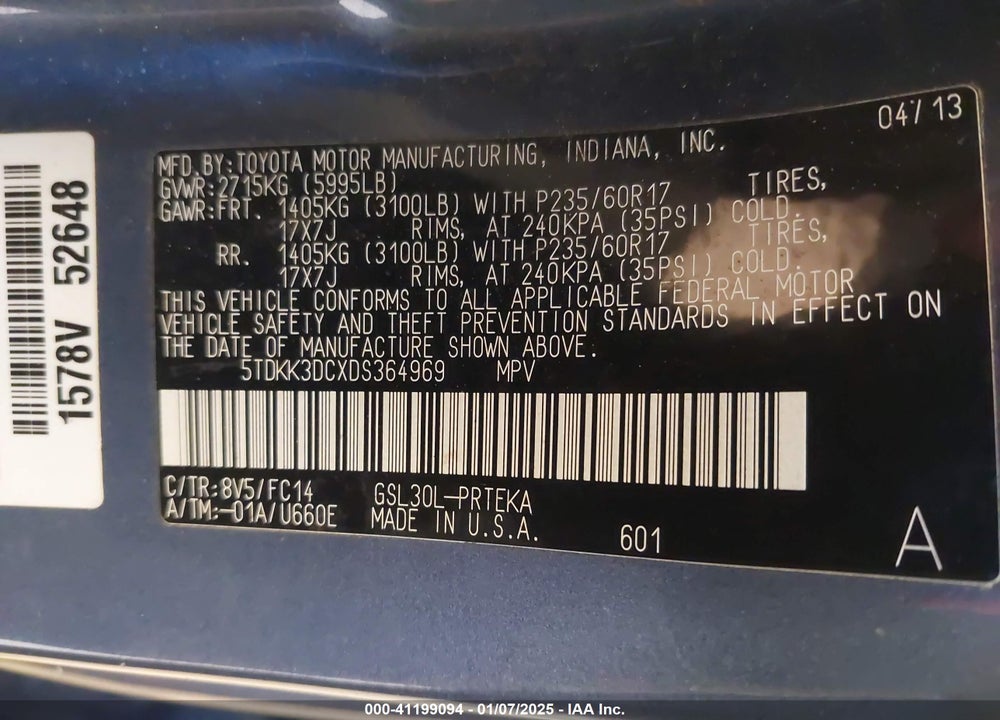 2013 TOYOTA SIENNA LE V6 8 PASSENGER VIN: 5TDKK3DCXDS364969