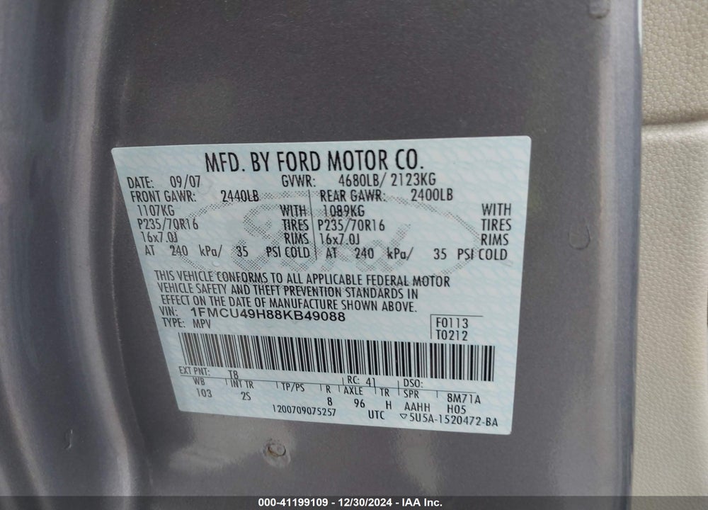 2008 FORD ESCAPE HYBRID VIN: 1FMCU49H88KB49088