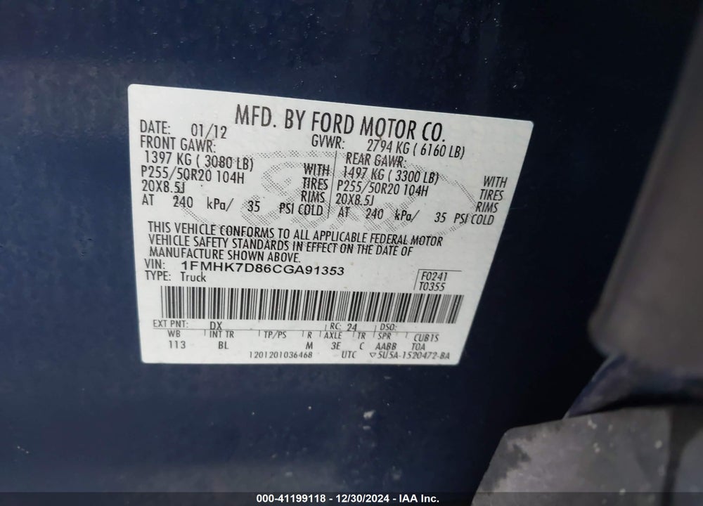 2012 FORD EXPLORER XLT VIN: 1FMHK7D86CGA91353