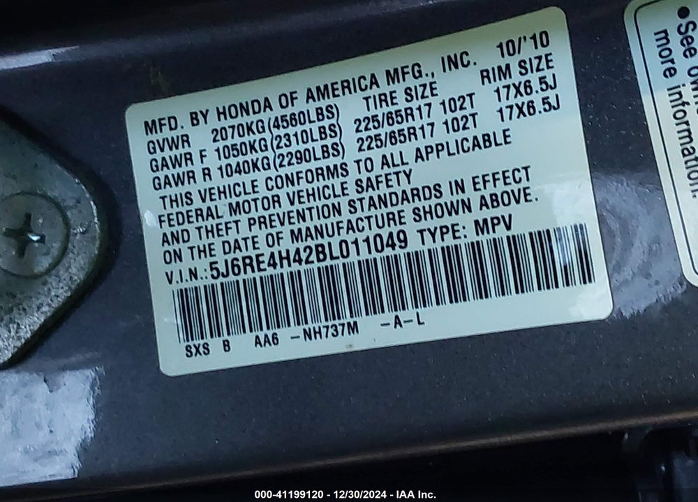 2011 HONDA CR-V VIN: 5J6RE4H42BL011049