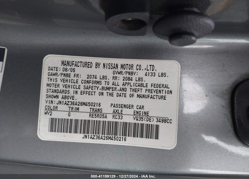 2006 NISSAN 350Z TOURING VIN: JN1AZ36A26M450216