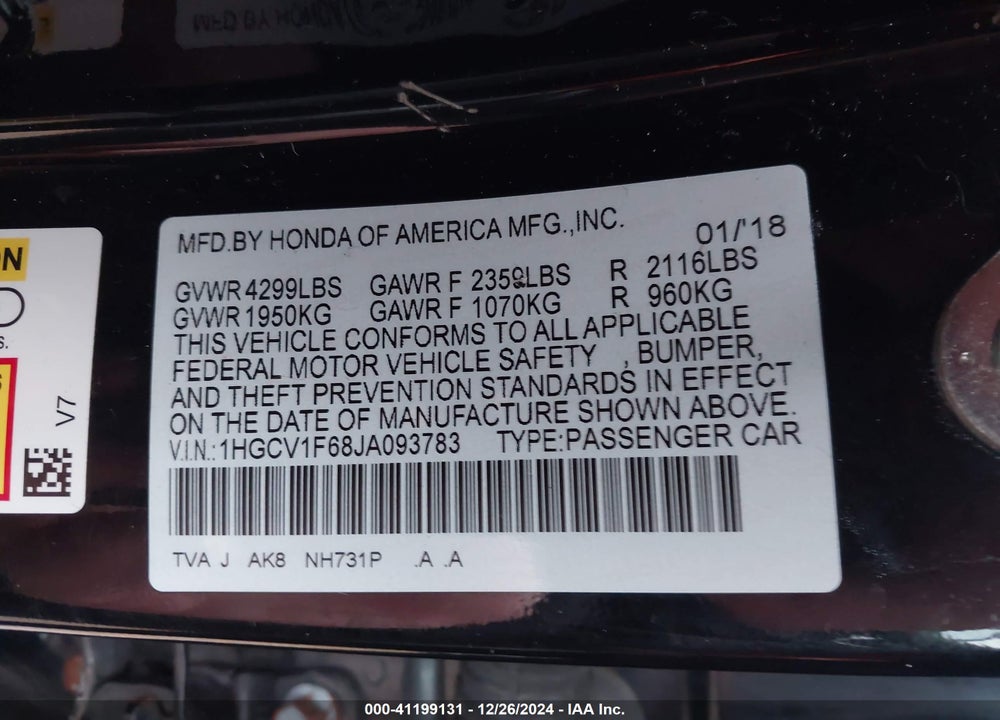 2018 HONDA ACCORD VIN: 1HGCV1F68JA093783