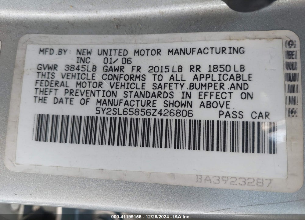 2006 PONTIAC VIBE VIN: 5Y2SL65856Z426806