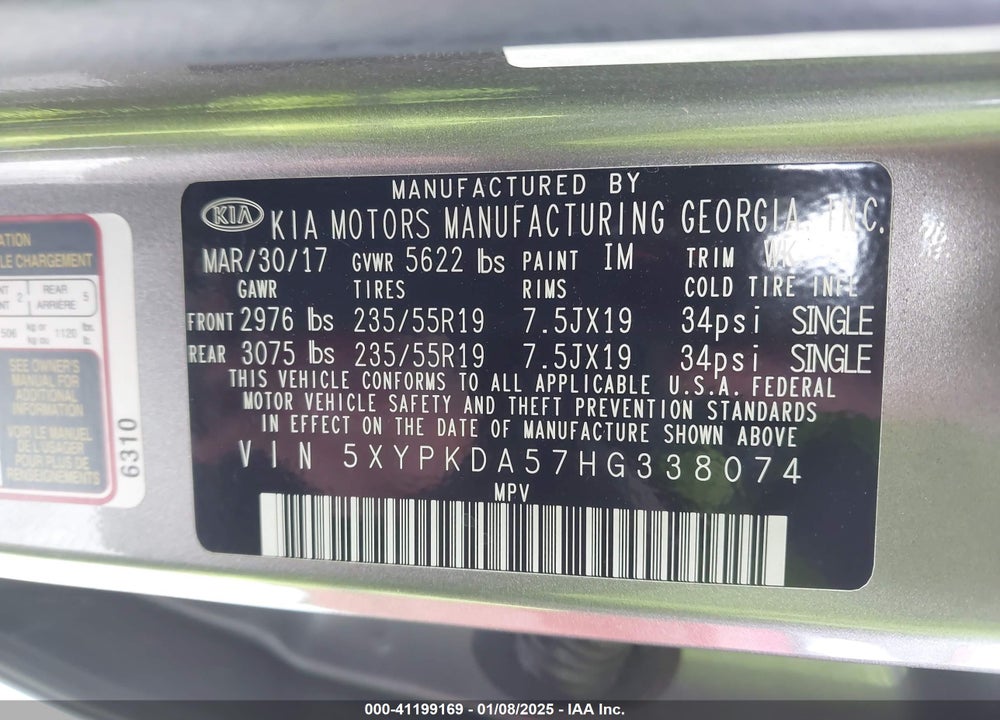 2017 KIA SORENTO 3.3L SX VIN: 5XYPKDA57HG338074
