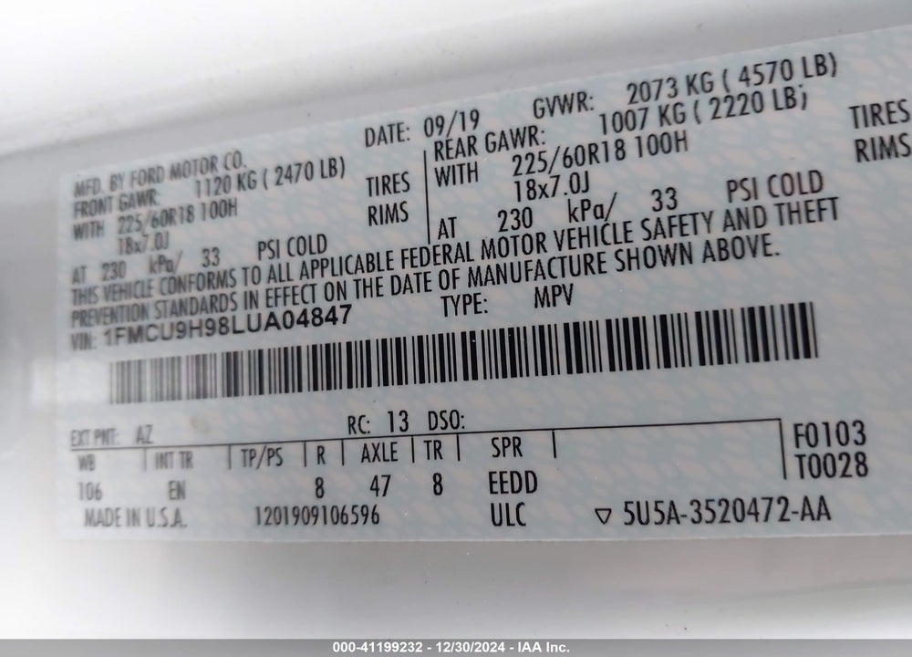 2020 FORD ESCAPE VIN: 1FMCU9H98LUA04847