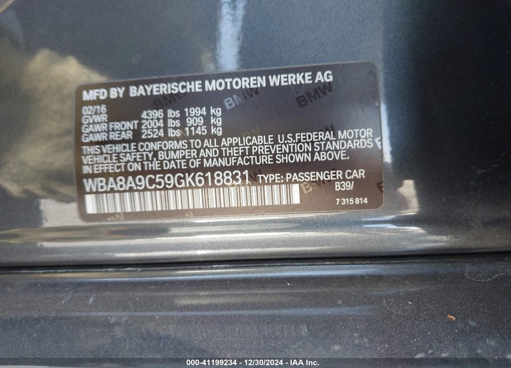 2016 BMW 320I VIN: WBA8A9C59GK618831