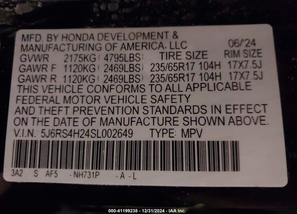 2025 HONDA CR-V LX AWD VIN: 5J6RS4H24SL002649