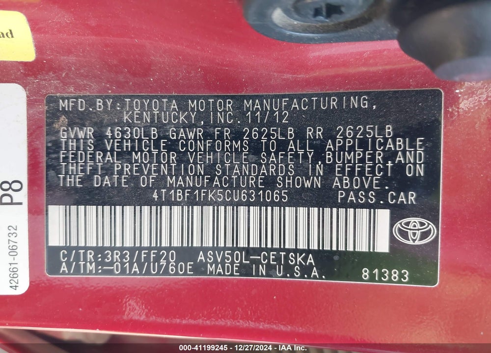 2012 TOYOTA CAMRY VIN: 4T1BF1FK5CU631065