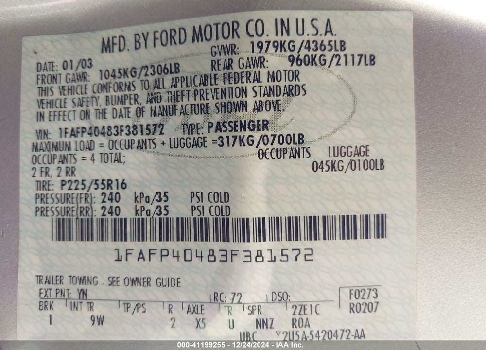 2003 FORD MUSTANG VIN: 1FAFP40483F381572