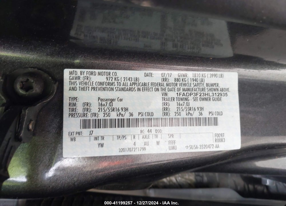 2017 FORD FOCUS SE VIN: 1FADP3F23HL312935