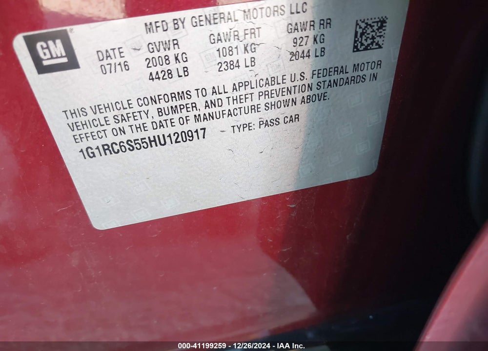 2017 CHEVROLET VOLT VIN: 1G1RC6S55HU120917
