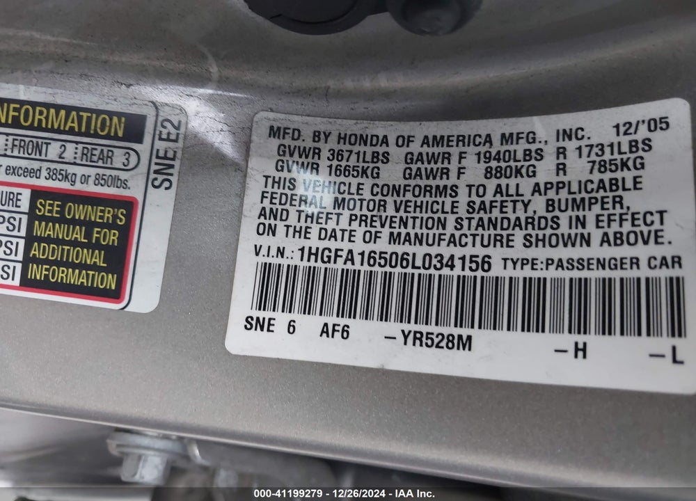 2006 HONDA CIVIC VIN: 1HGFA16506L034156
