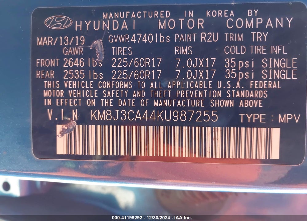 2019 HYUNDAI TUCSON VALUE VIN: KM8J3CA44KU987255