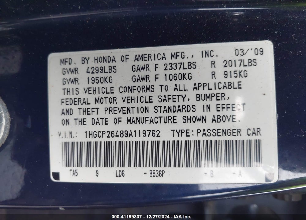 2009 HONDA ACCORD 2.4 LX-P VIN: 1HGCP26489A119762