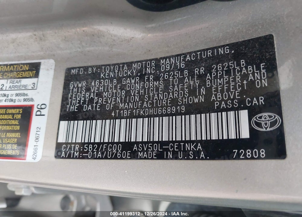 2017 TOYOTA CAMRY VIN: 4T1BF1FK0HU668919