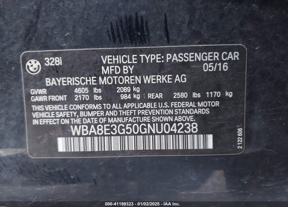 2016 BMW 328I XDRIVE VIN: WBA8E3G50GNU04238