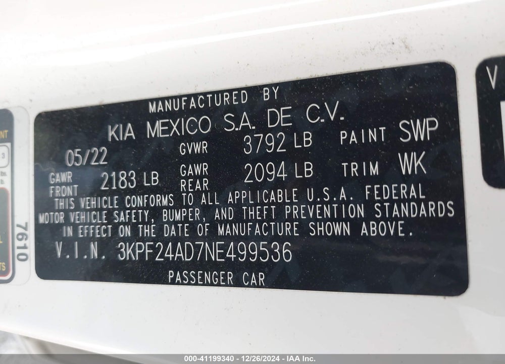 2022 KIA FORTE VIN: 3KPF24AD7NE499536
