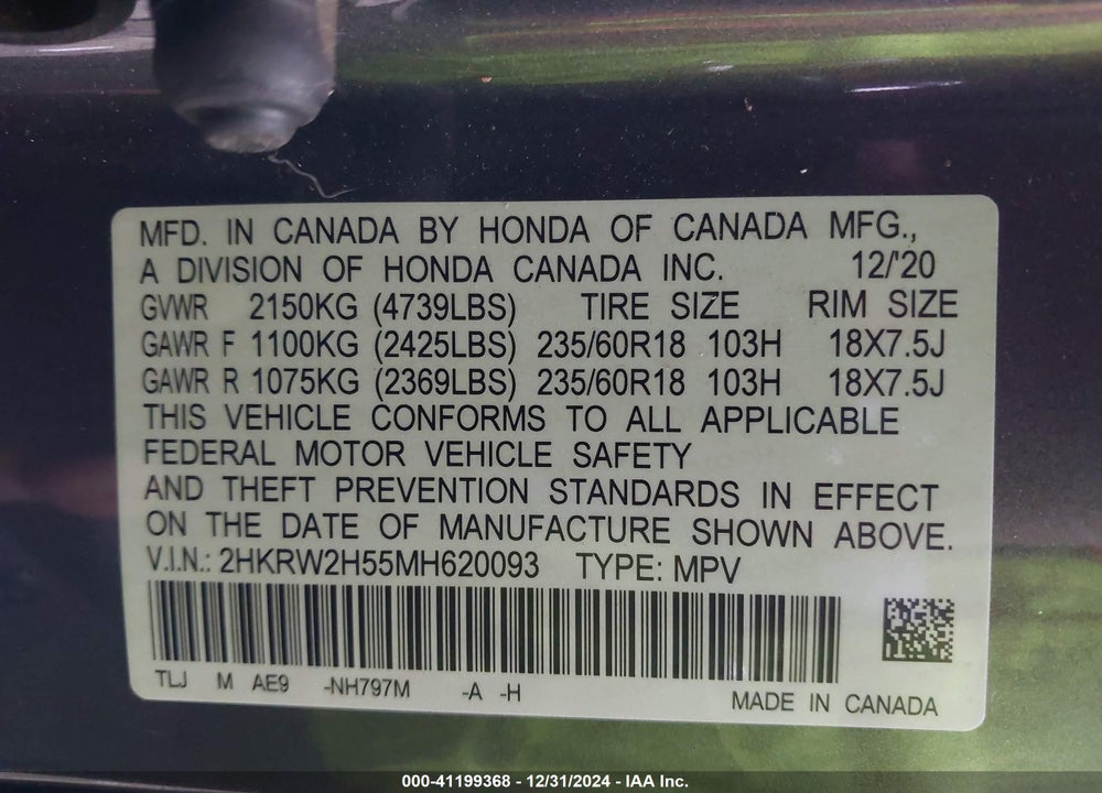 2021 HONDA CR-V AWD EX VIN: 2HKRW2H55MH620093