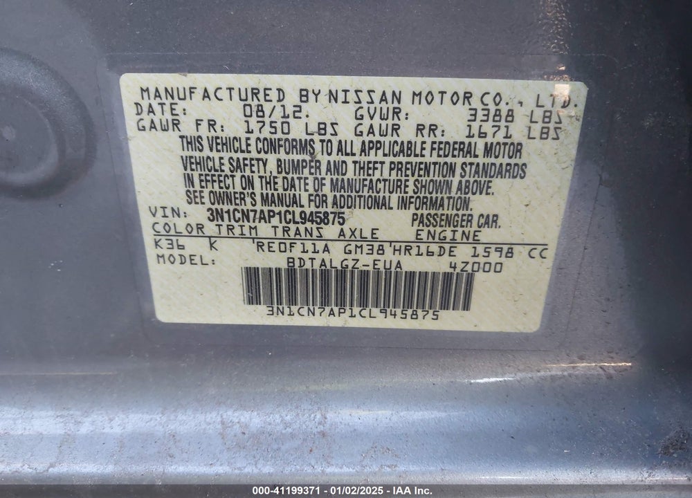 2012 NISSAN VERSA VIN: 3N1CN7AP1CL945875