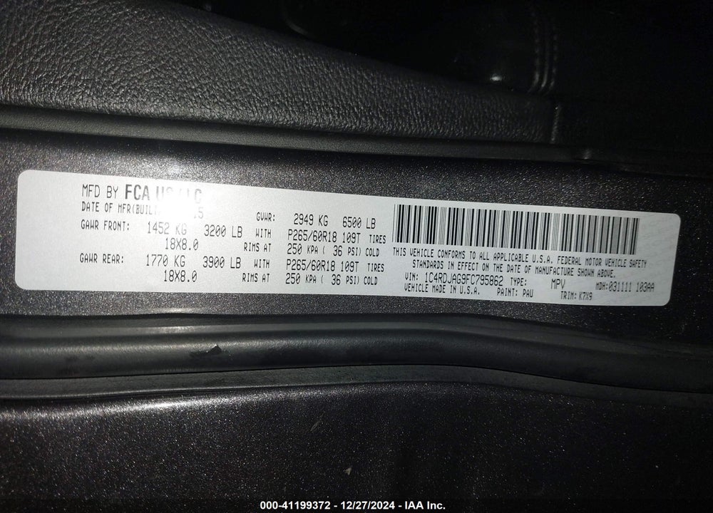 2015 DODGE DURANGO SXT VIN: 1C4RDJAG9FC795862