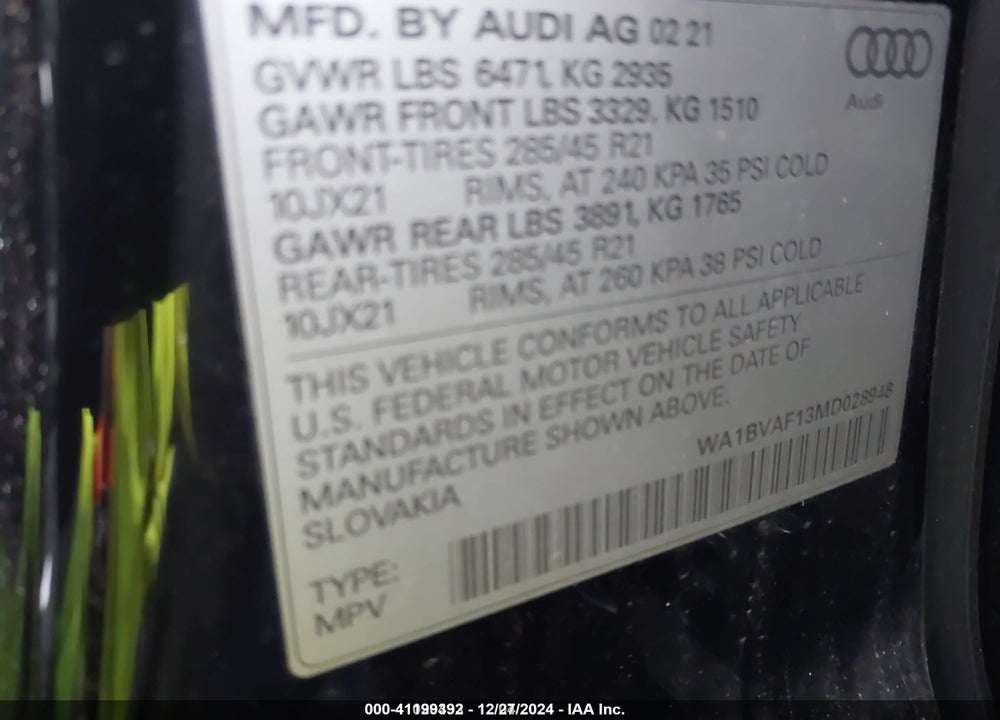 2021 AUDI Q8 PREMIUM PLUS 55 TFSI QUATTRO TIPTRONIC VIN: WA1BVAF13MD028948