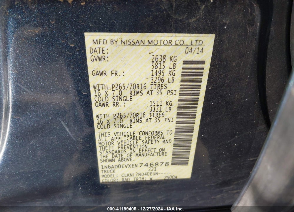 2014 NISSAN FRONTIER VIN: 1N6AD0EVXEN746878