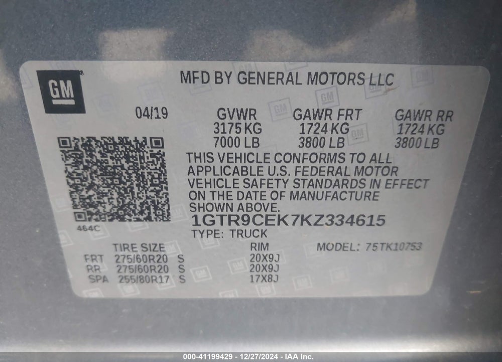 2019 GMC SIERRA 1500 ELEVATION VIN: 1GTR9CEK7KZ334615