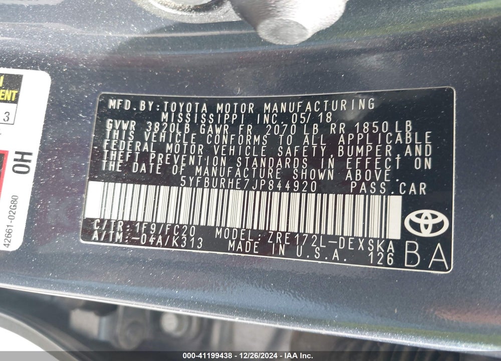 2018 TOYOTA COROLLA VIN: 5YFBURHE7JP844920
