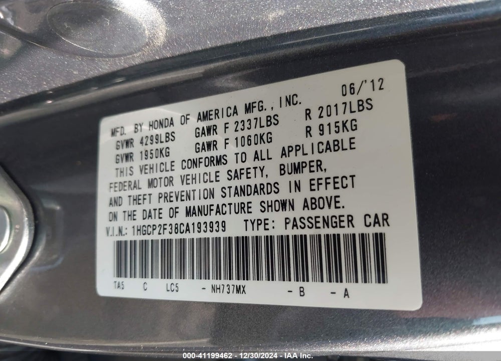 2012 HONDA ACCORD 2.4 LX VIN: 1HGCP2F38CA193939