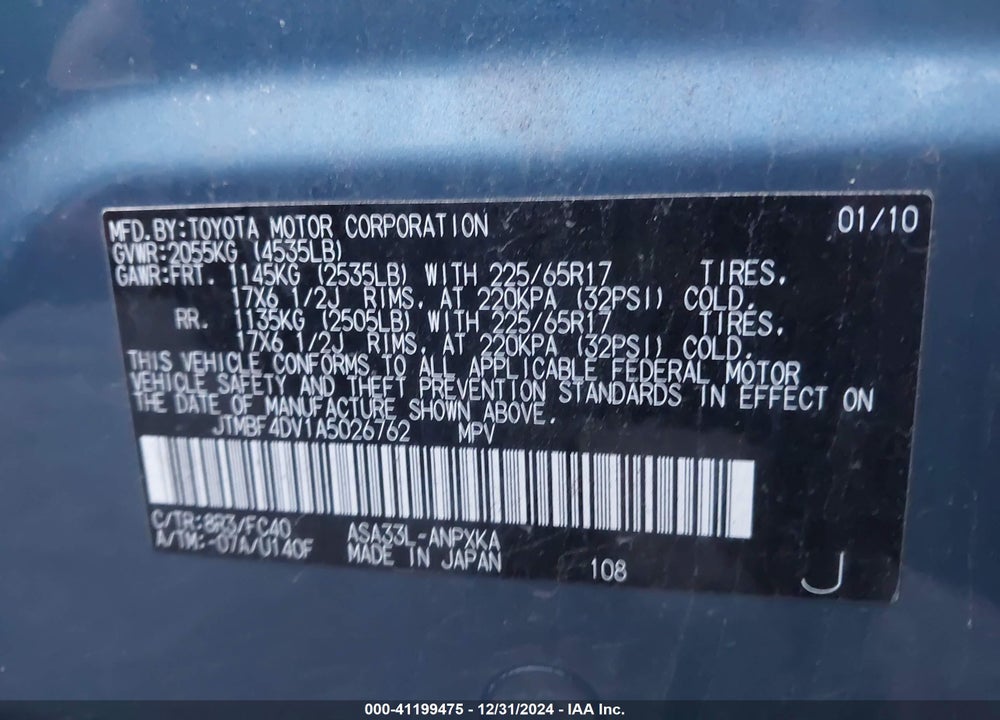 2010 TOYOTA RAV4 VIN: JTMBF4DV1A5026762