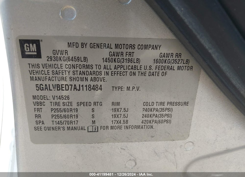 2010 BUICK ENCLAVE 1XL VIN: 5GALVBED7AJ118484